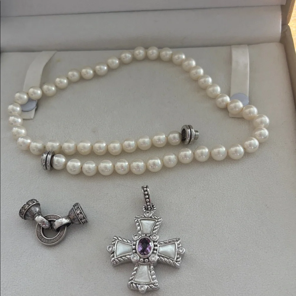 Judith Ripka faux pearl necklace with fitting for pendants and MOP Maltese cross